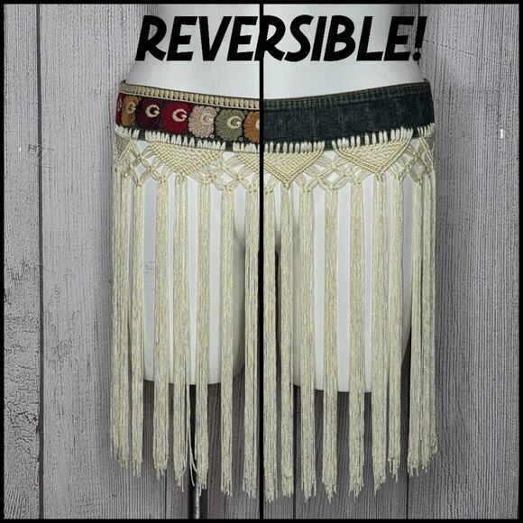 VTG 90s Y2K Boho Macrame Knot Fringed Reversible Embroidered & Denim Belt - Picture 1 of 7